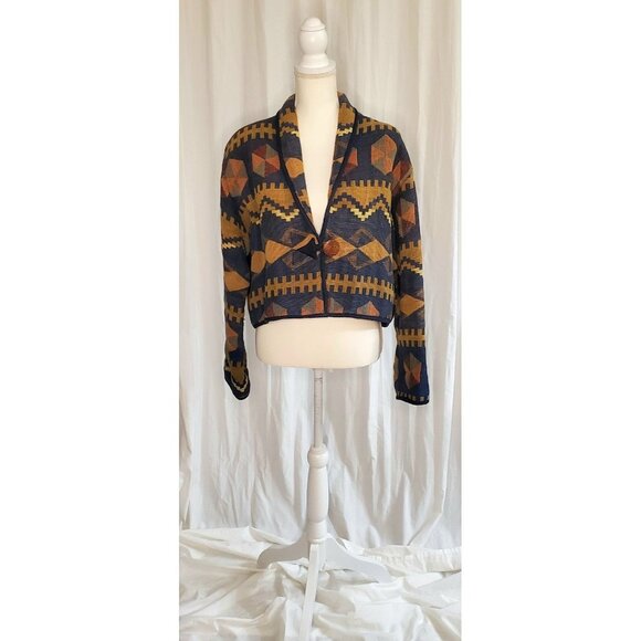 Vtg Keren Hart Aztec Tapestry Embroidered Jacket Womens Med. Button Up Cropped - Picture 1 of 14